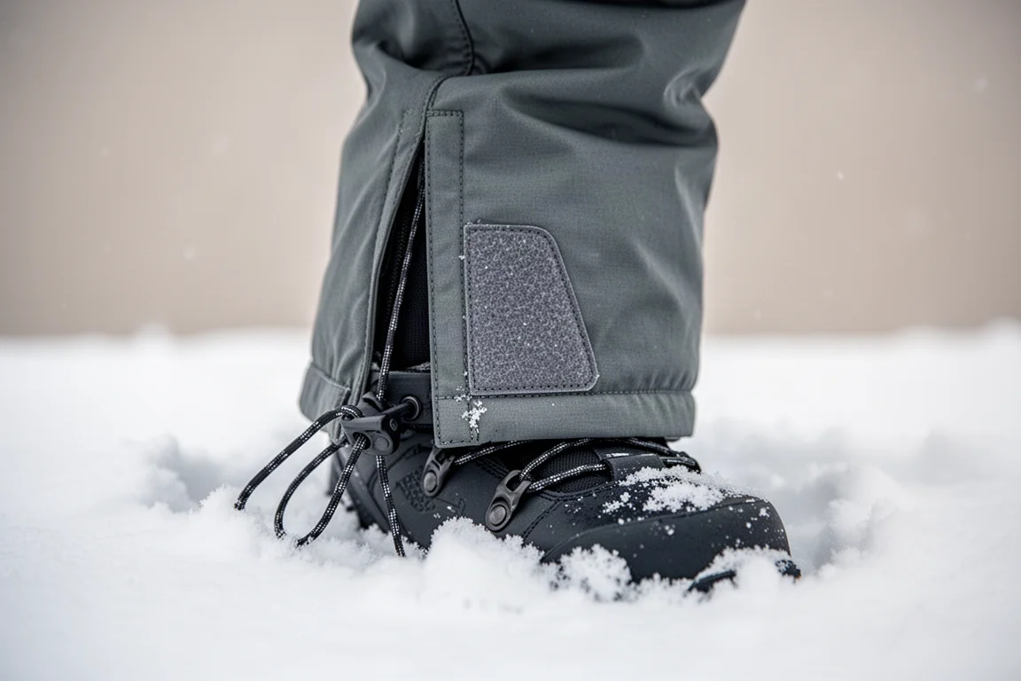 Detailopname van een binnenkaf van de sneeuwbroek, vastgeklikt aan een schoenveter in verse sneeuw