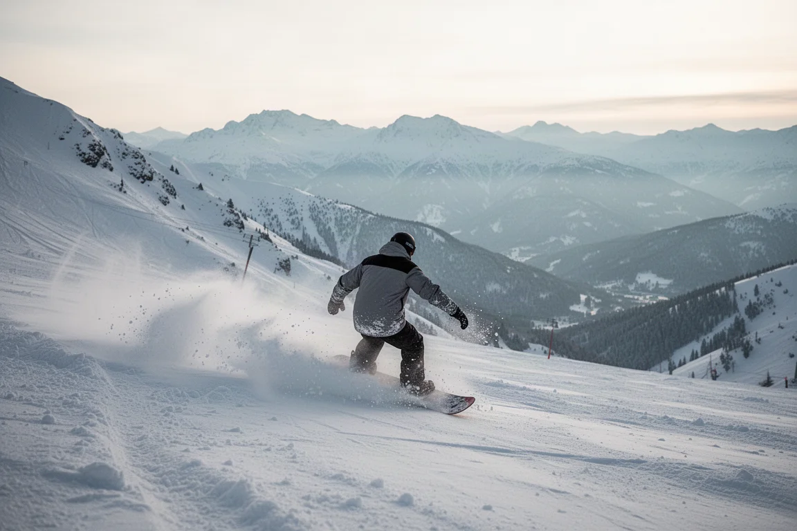 Snowboarder die door verse poedersneeuw carveert op een zonnige berghelling