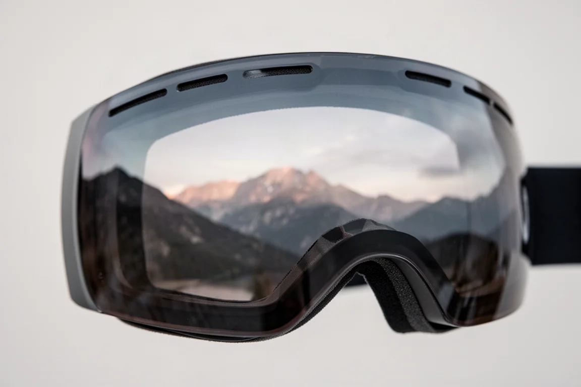 Close-up van een cilindrische bril lens waarin het berglandschap weerspiegelt