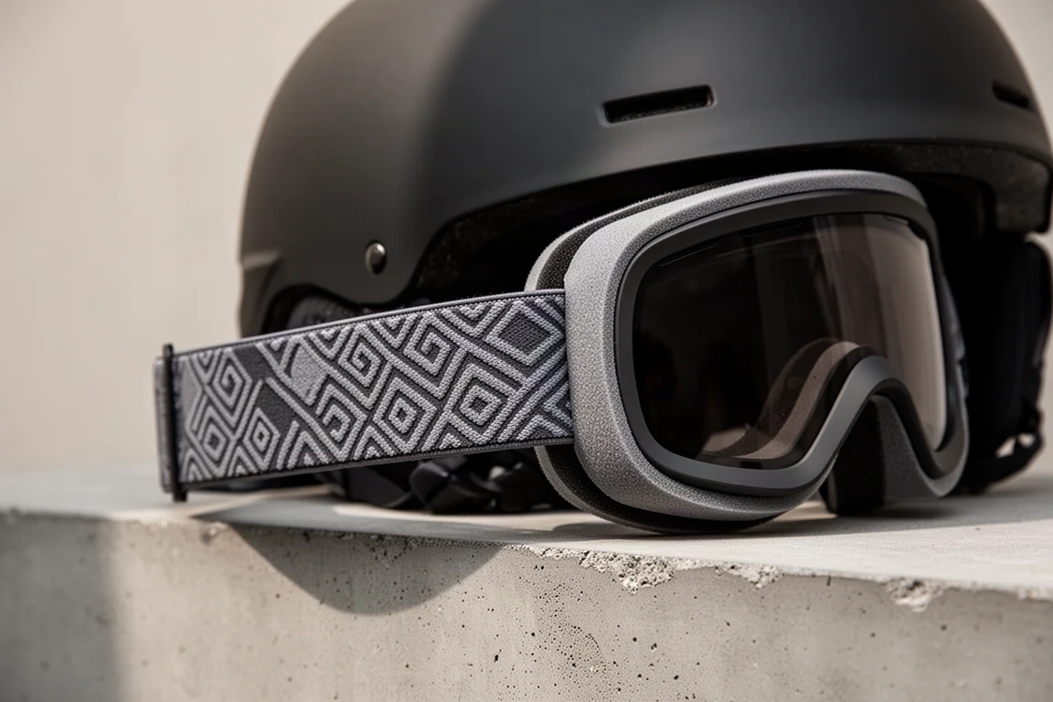 Brilband met textuur van siliconen grip die tegen een helm rust