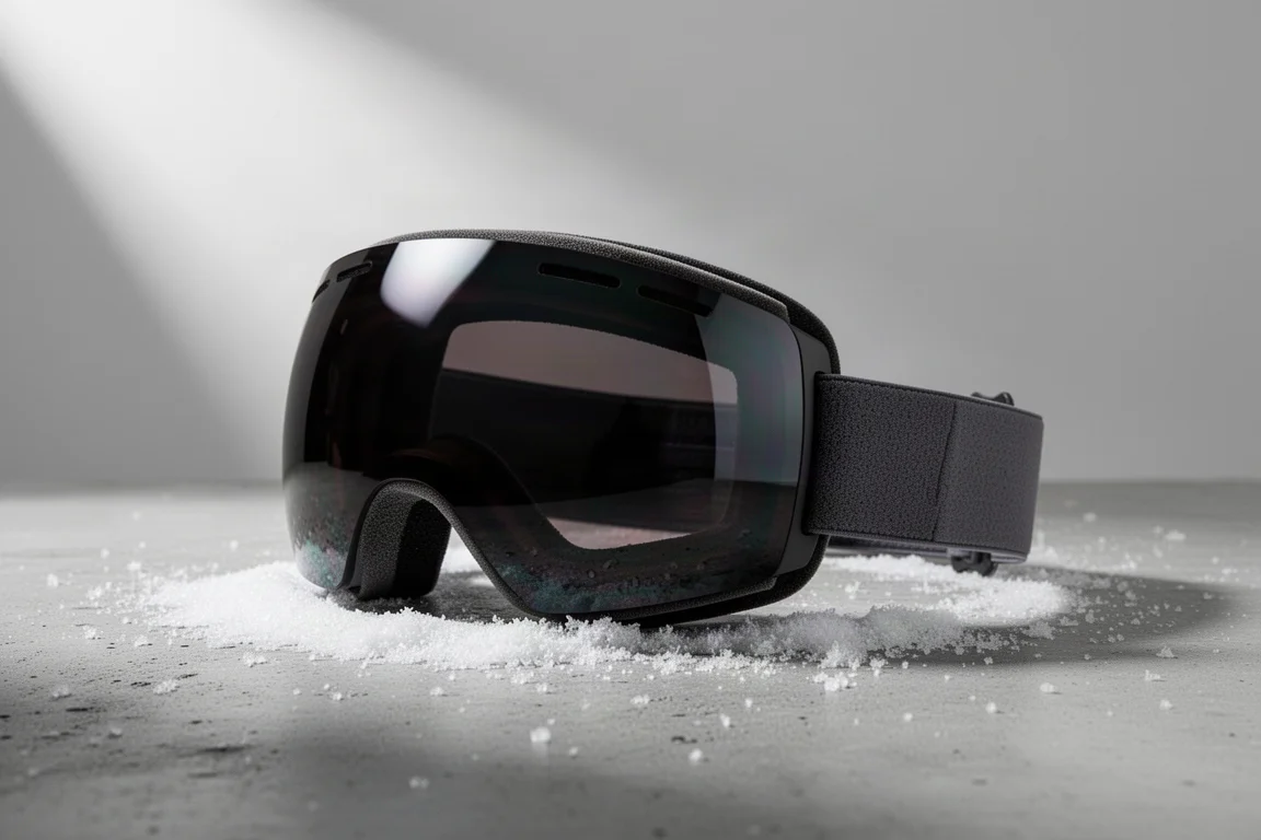 Oakley Line Miner snowboardbril met cilindrische lens op een besneeuwd betonnen oppervlak