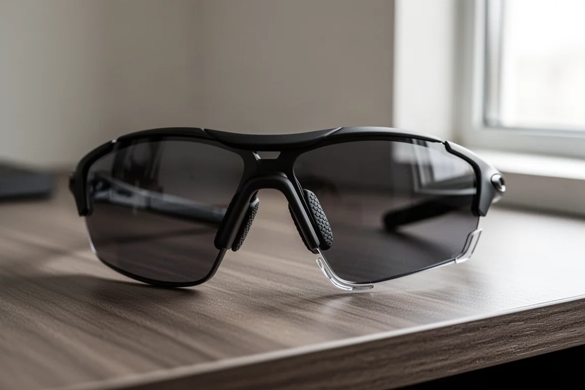 Close-up of wraparound sport sunglasses frame with grippy nose pads on a wooden desk