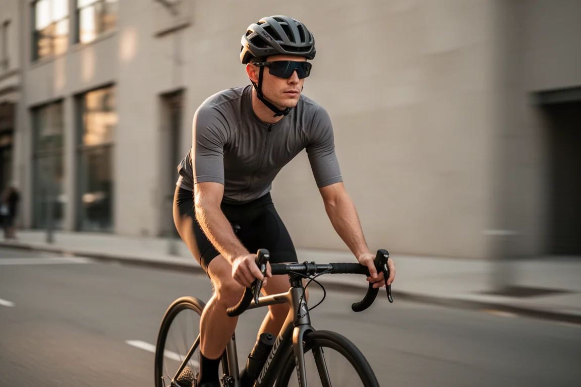 Cyclist filming a point-of-view shot while riding a road bike through a city street