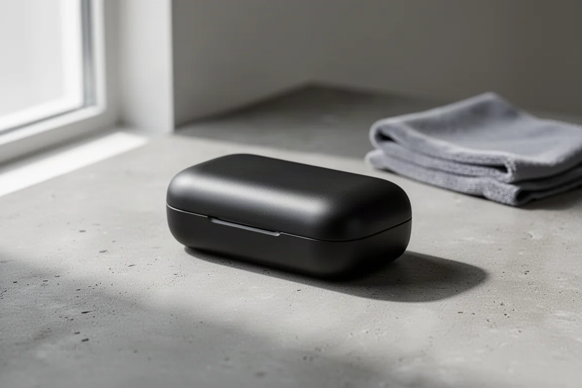Smart glasses charging case on a concrete surface with indicator light glowing