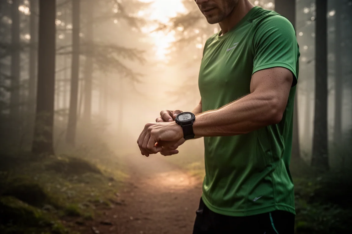 Runner checking a GPS sports watch on a forest trail at dawn