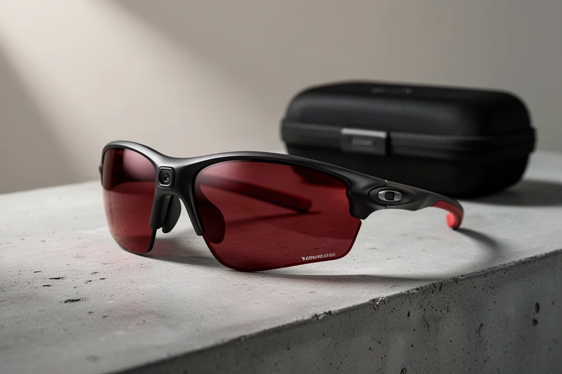 Oakley Meta Vanguard wraparound sport smart glasses on a concrete surface
