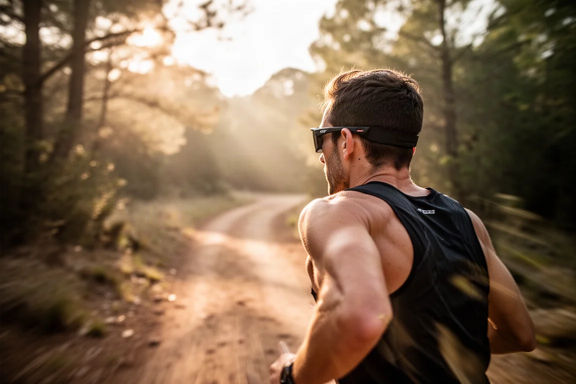 Runner wearing sporty sunglasses on a sunlit trail