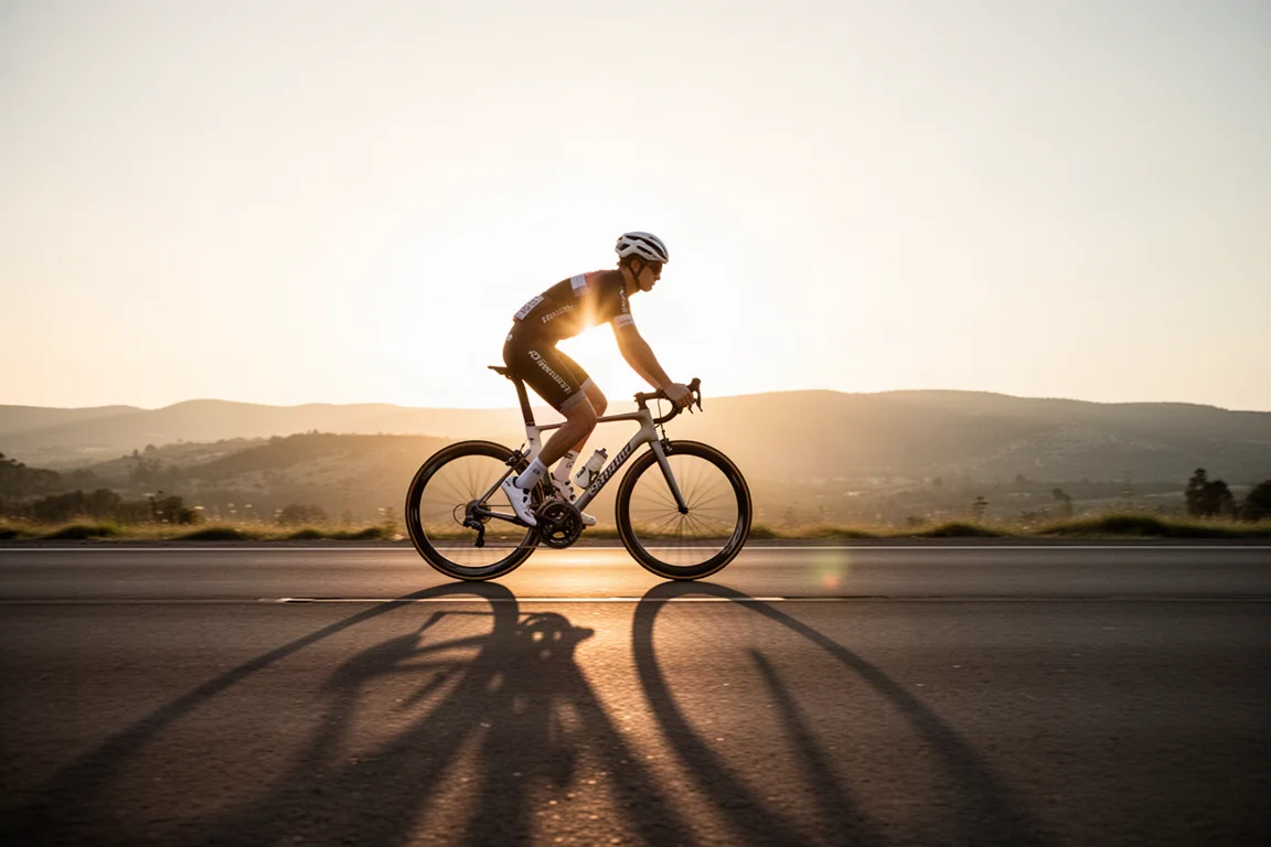 Cyclist riding on open tarmac with sun flare across the lens