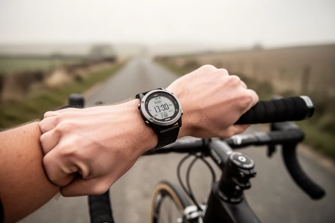 Smartwatch on a wrist beside a bike handlebar during a ride