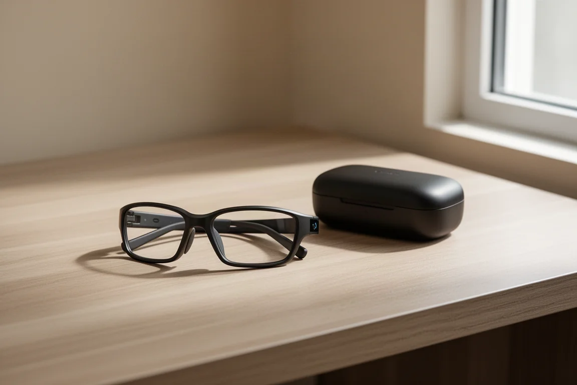 Smart glasses resting on a wooden desk next to their charging case