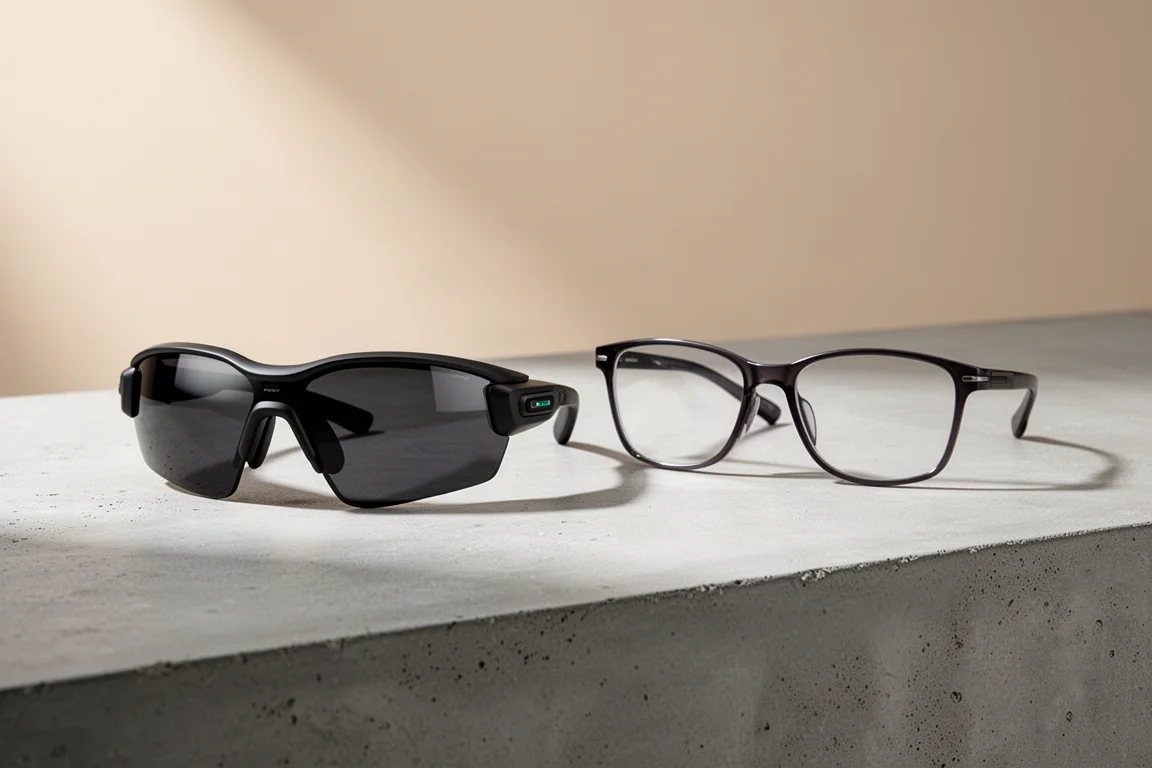 Two pairs of Oakley Meta smart glasses side by side on a concrete surface