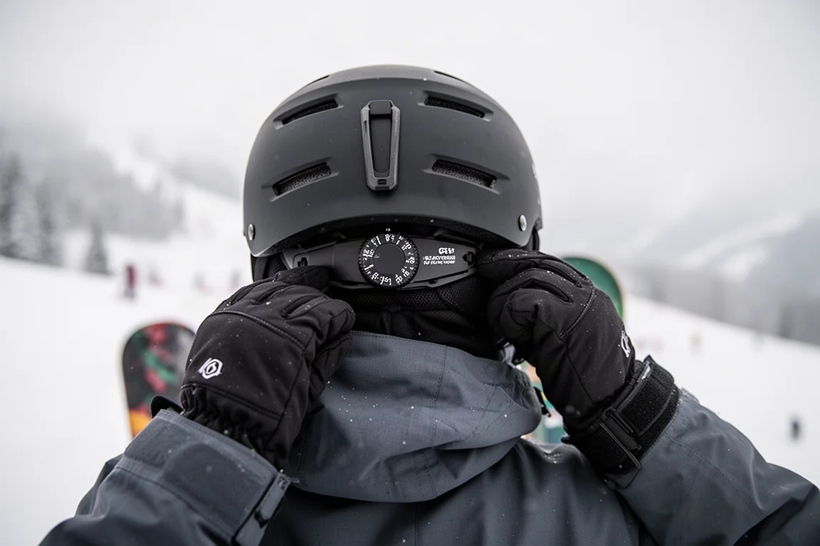 Snowboarder adjusting a dial-fit helmet strap while wearing gloves on a snowy slope