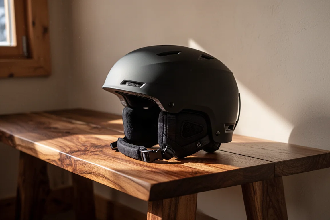 Close-up of a durable snowboard helmet shell resting on a wooden bench in a lodge