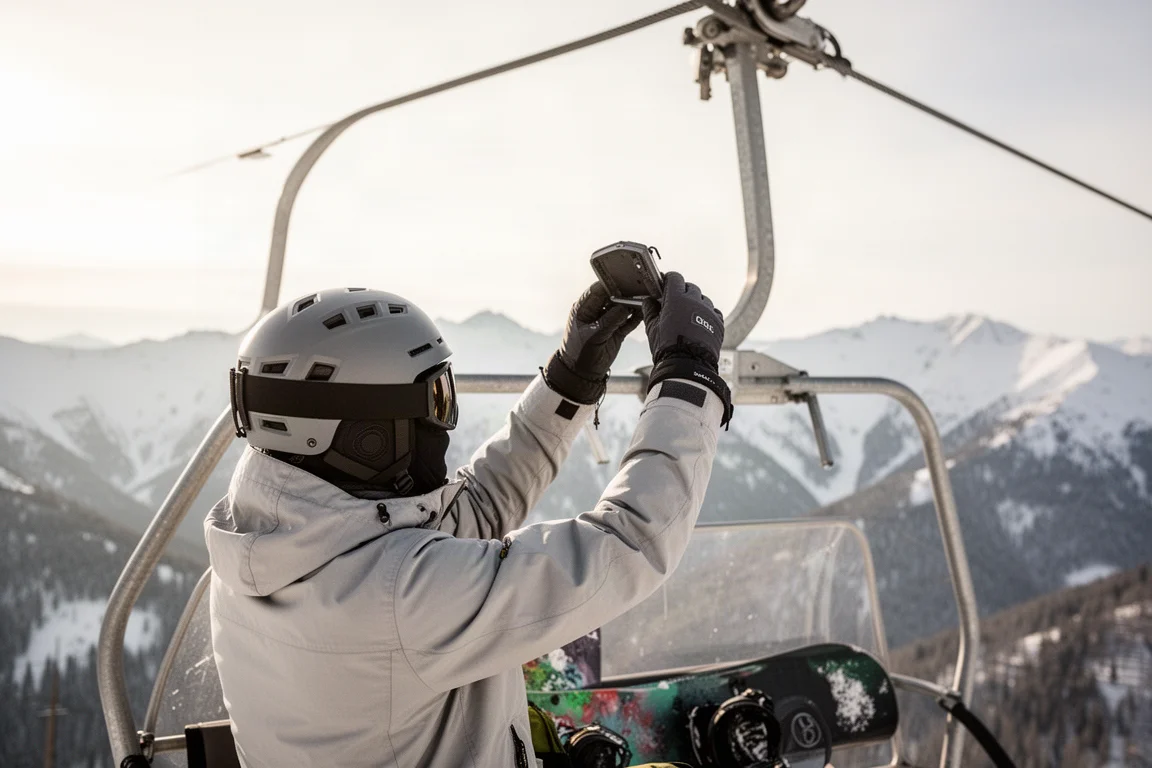 Snowboarder adjusting the open top vents of a helmet on a sunlit chairlift