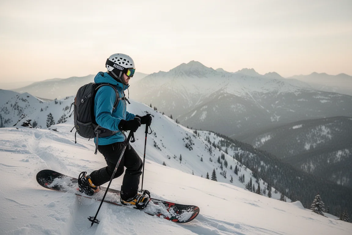 Backcountry rider climbing a snowy ridge wearing a well-ventilated helmet