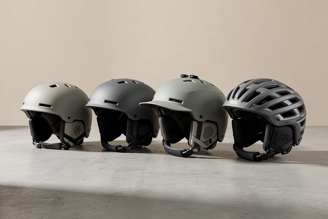 Quatro capacetes de neve Oakley Mod alinhados sobre uma superfície de concreto