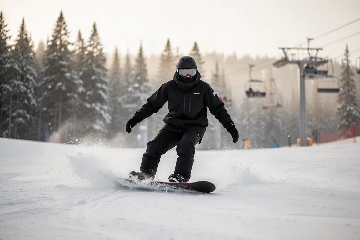 Snowboarder descends by fresh snow at a ski resort in soft morning light
