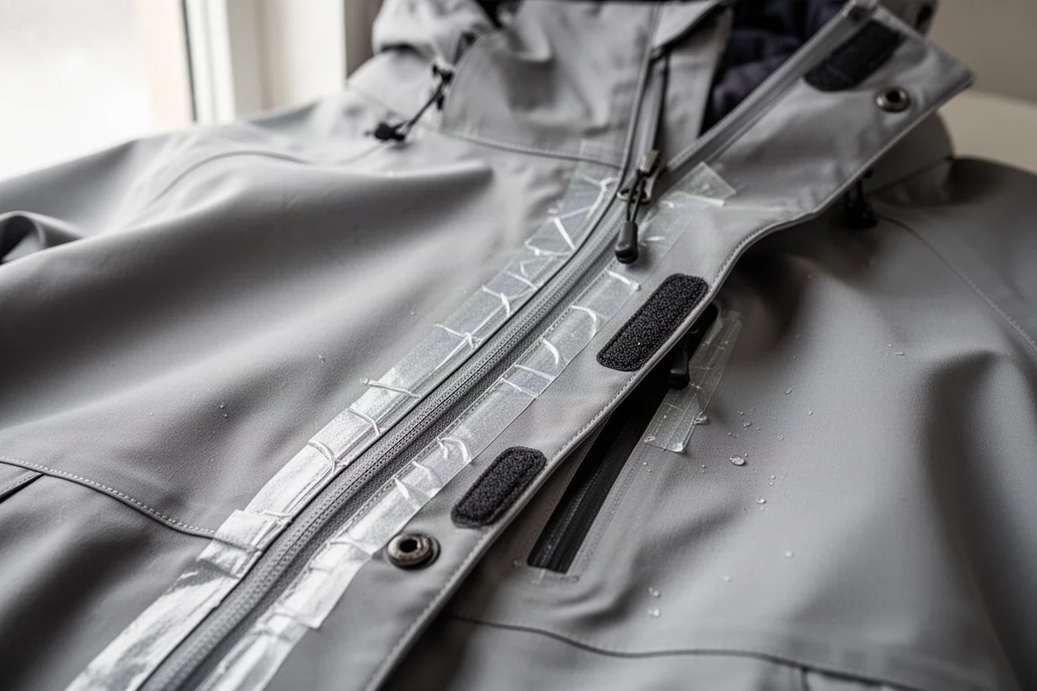 Primer plano de las costuras totalmente selladas en el interior de una chaqueta shell de snowboard