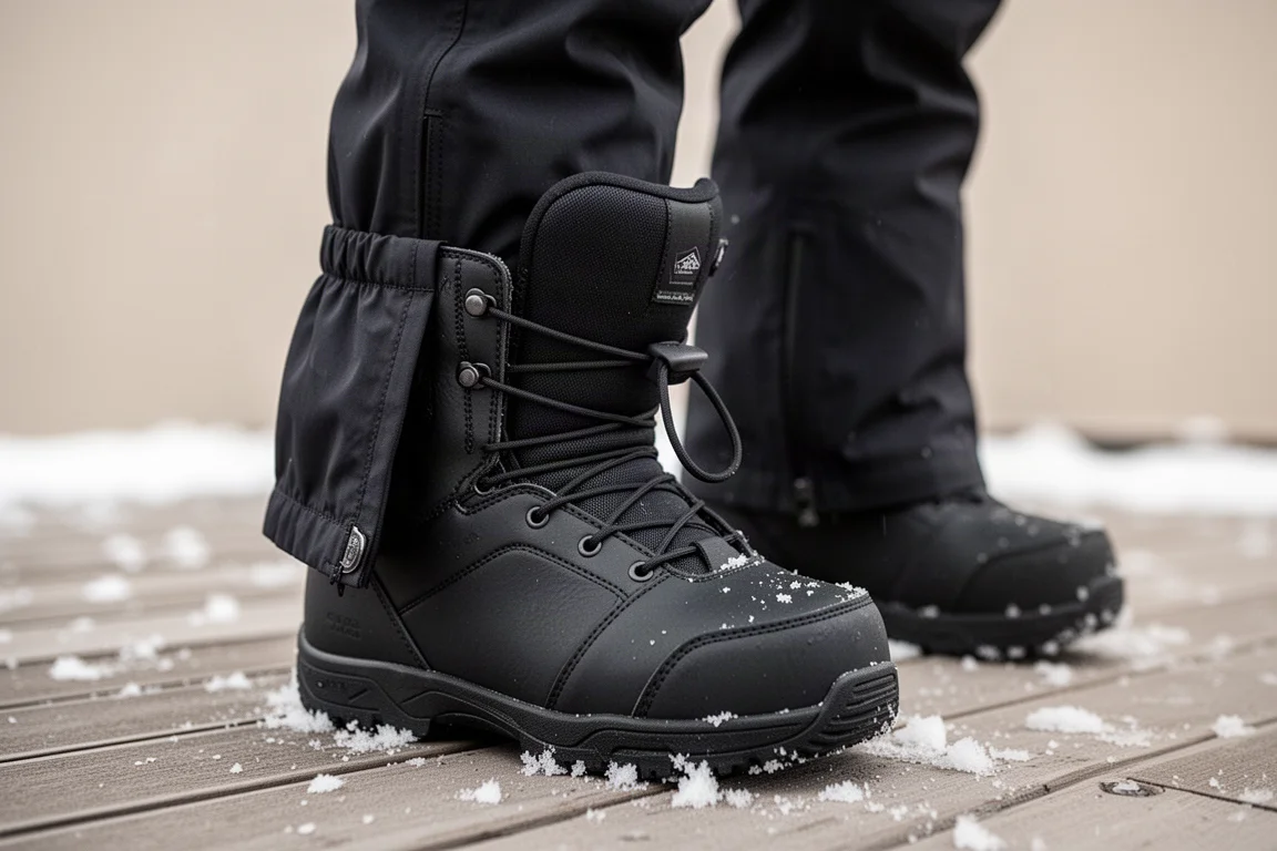 Bota de snowboard con el bajo del pantalón y la polaina interior colocados sobre los cordones