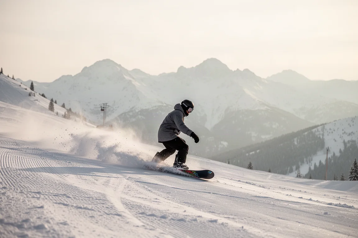 Snowboarder riding through deep snow in a mountain resort on a cold day