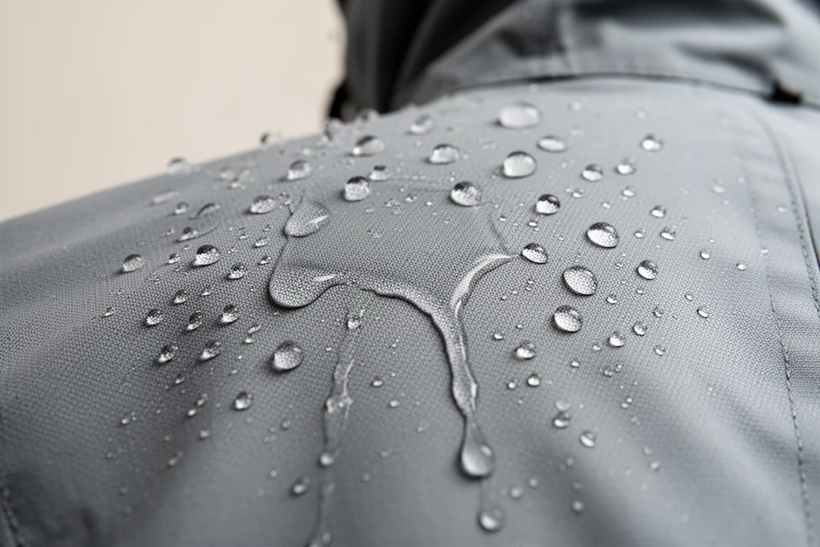 Water beading and running off a technical jacket fabric in close-up detail