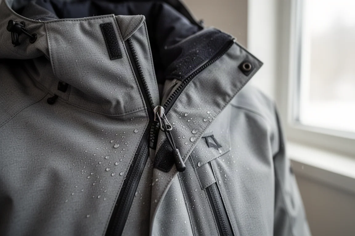 Close-up of a waterproof jacket zipper and storm flap on technical outerwear