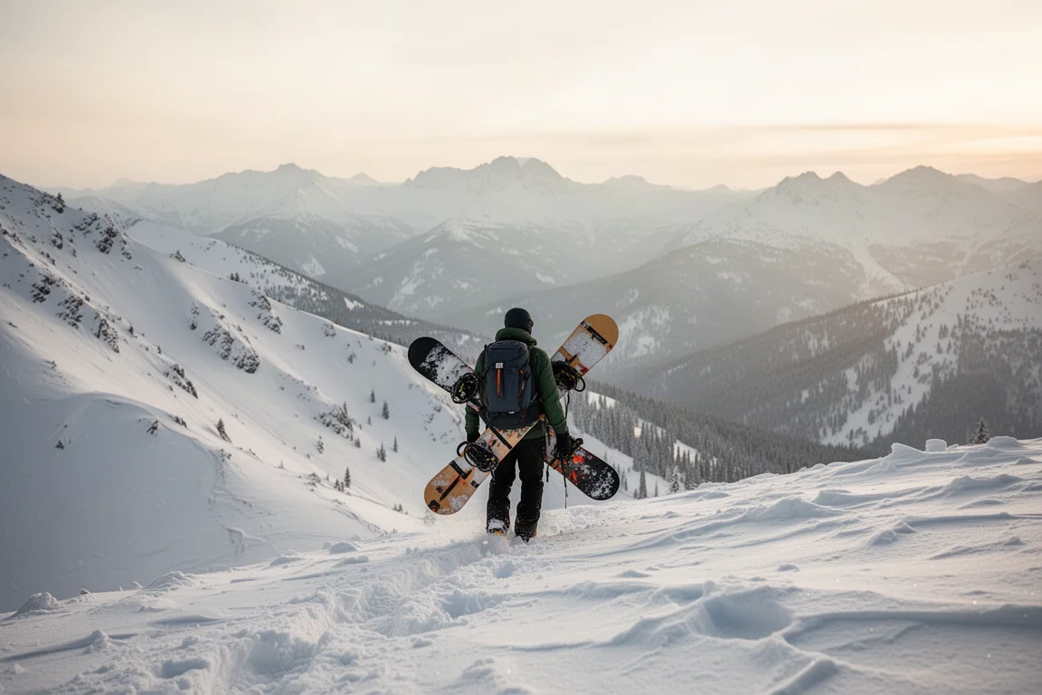 Snowboarder hiking up a backcountry ridge with a board on their pack