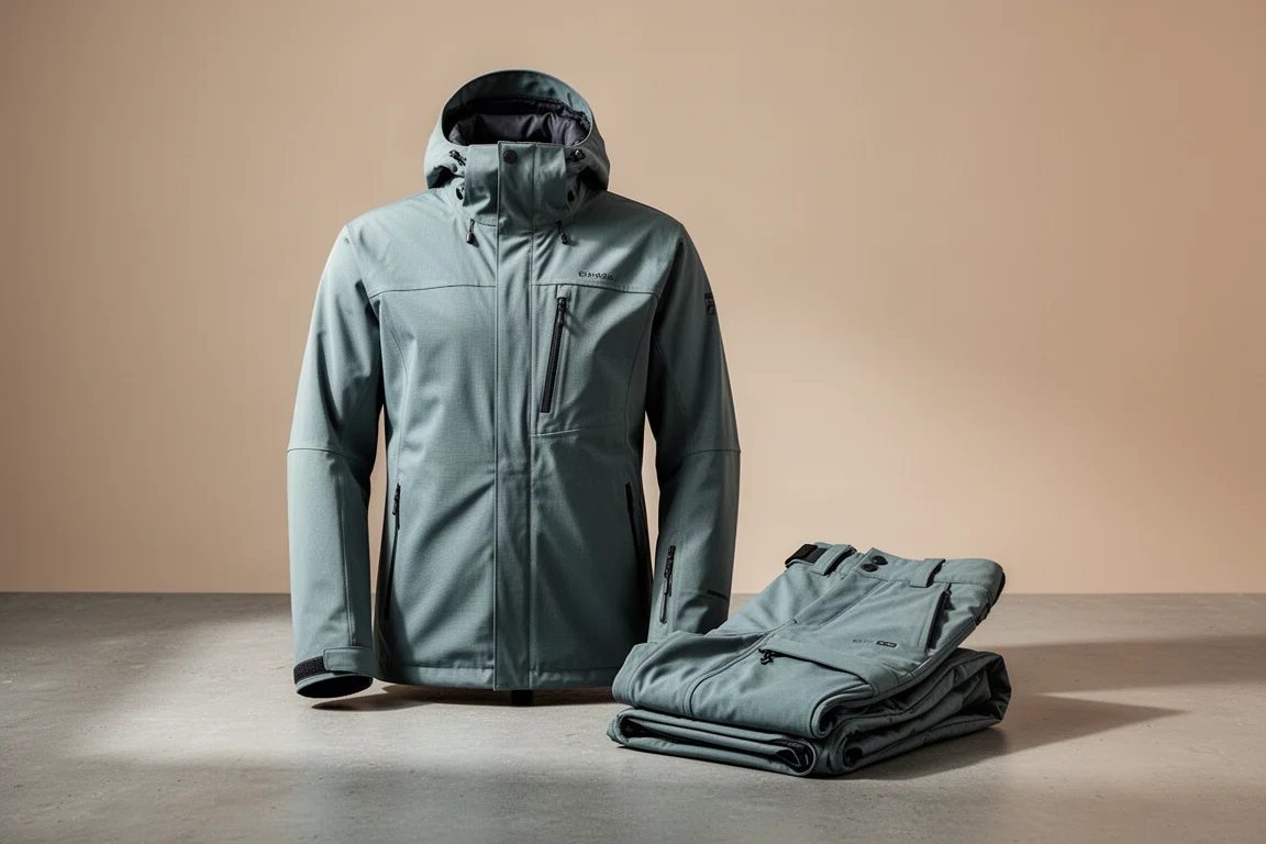 Technical snowboard jacket and matching pants arranged on a matte concrete surface