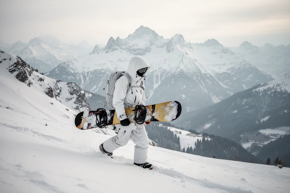Snowboarder, der bei sanftem Tageslicht durch alpines Gelände wandert und ein Splitboard trägt