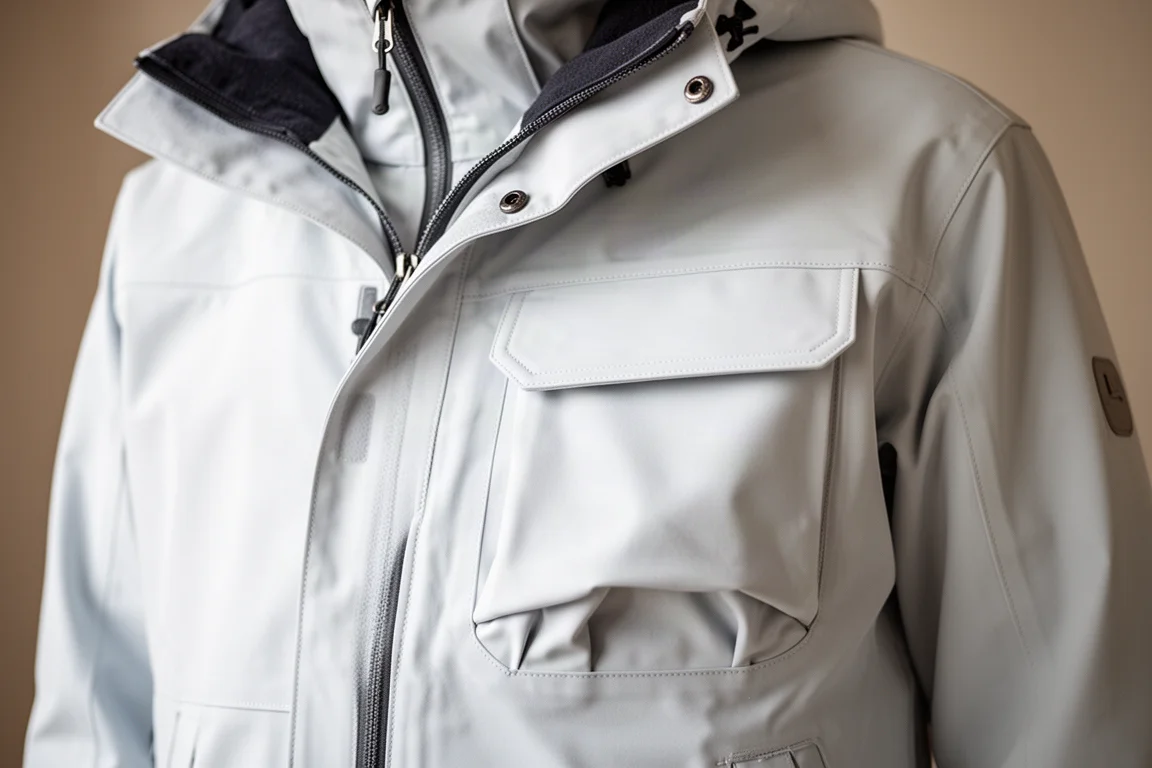 Nahaufnahme eines wasserdichten Reißverschlusses und einer Brusttasche an einer technischen Snowboard-Jacke