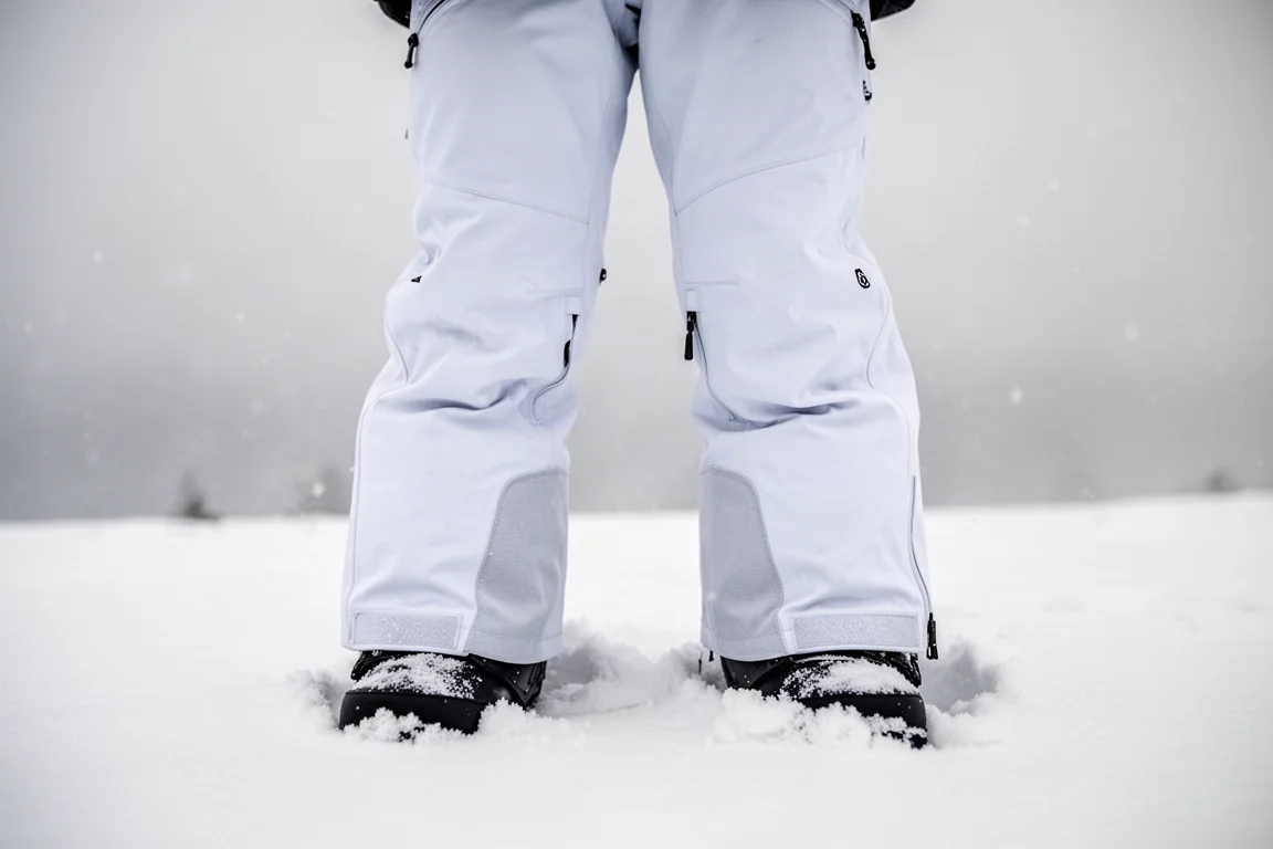 Verstärkte Saumpaneele und Innenbeloitungs-Reißverschlüsse an Snowboard-Hosen im Schnee