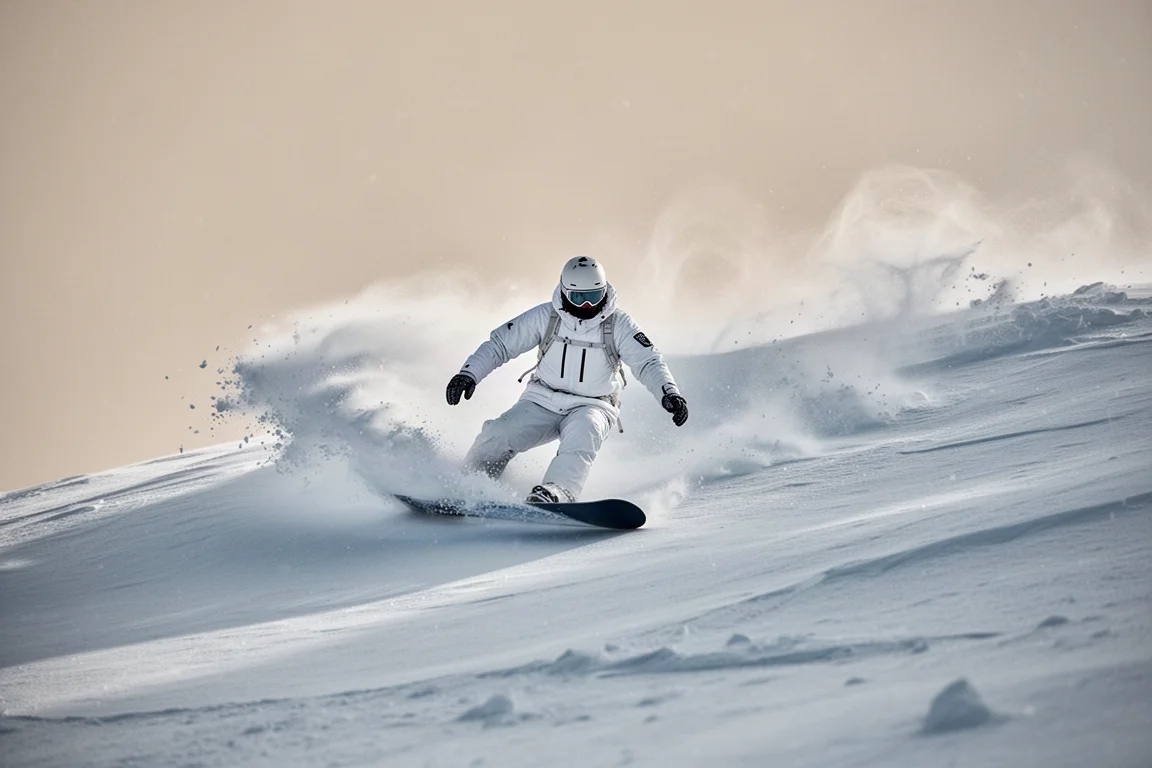 Snowboarder fährt im Backcountry durch tiefen Pulverschnee und trägt weiße Outerwear