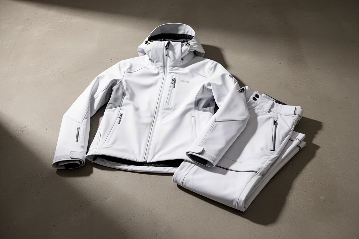 Weiße Oakley TC Earth Shell Snowboard-Jacke und -Hose auf einer Betonfläche