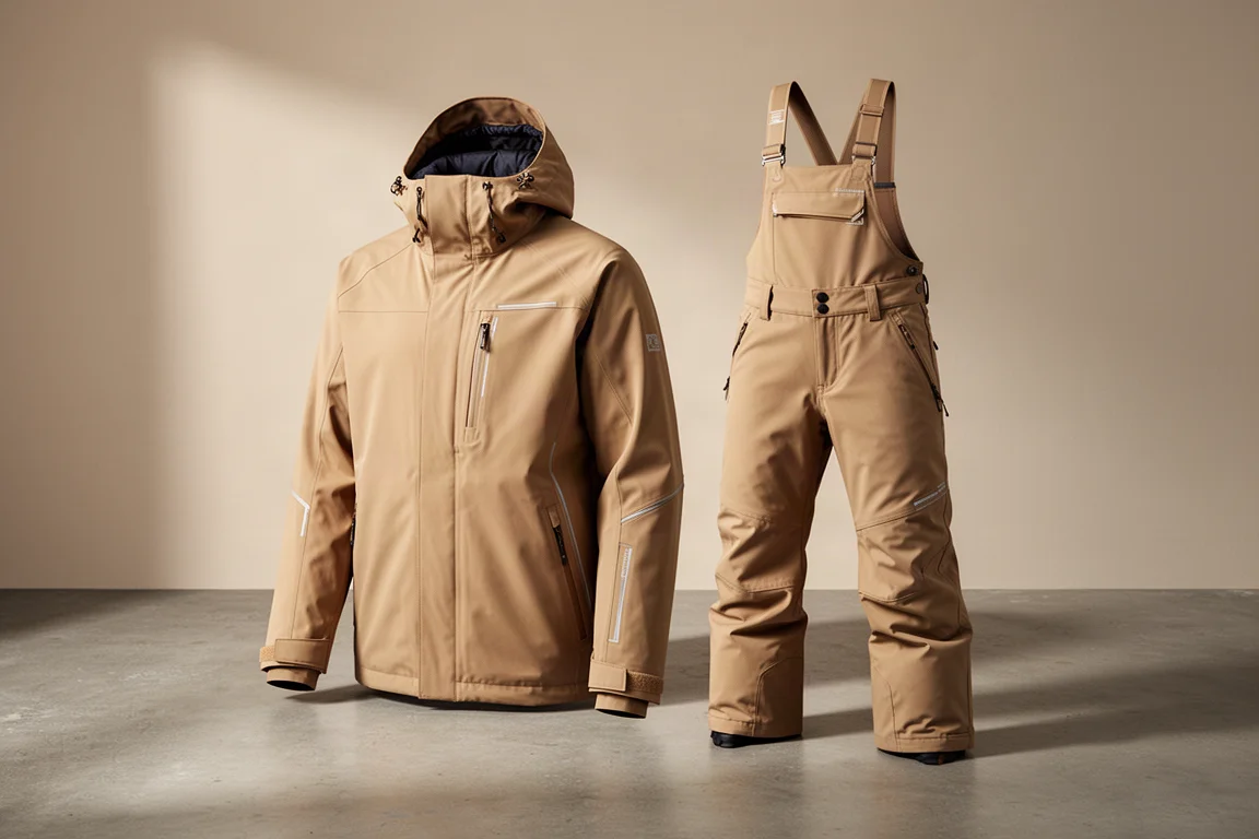 Zandkleurig snowboardshelljack en bib pants op een betonnen ondergrond