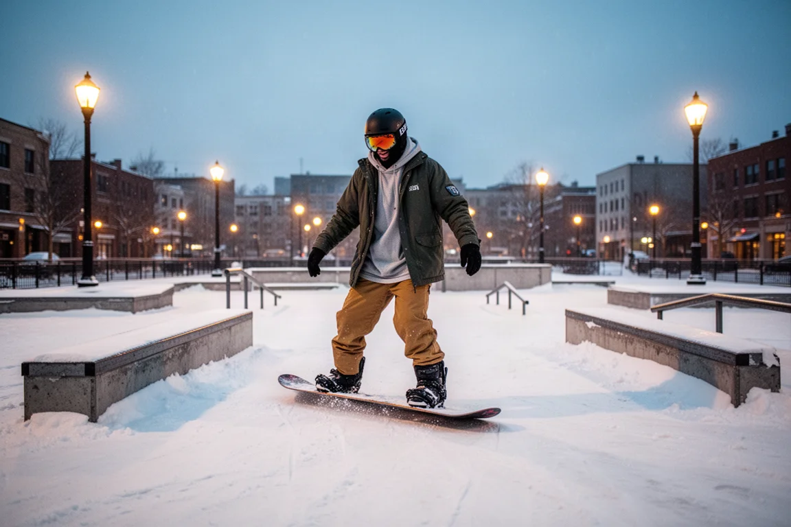 Snowboarder com visual urbano descontraído em uma sessão noturna na cidade