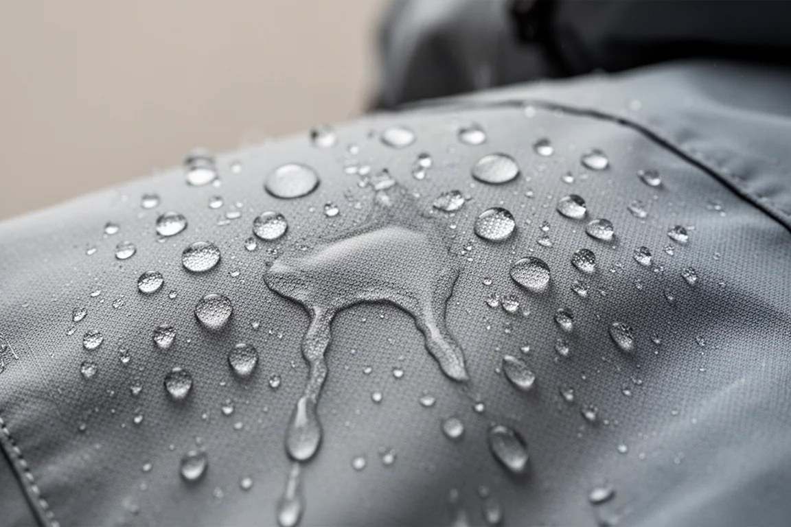 Close-up de gotas de água escorrendo pelo tecido externo de outerwear de snowboard