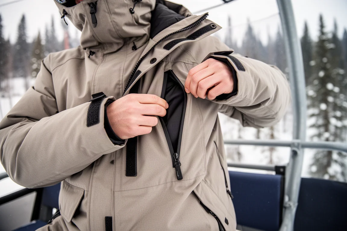 Snowboarder ajustando o zíper de ventilação sob o braço de um anorak em uma estação de esqui