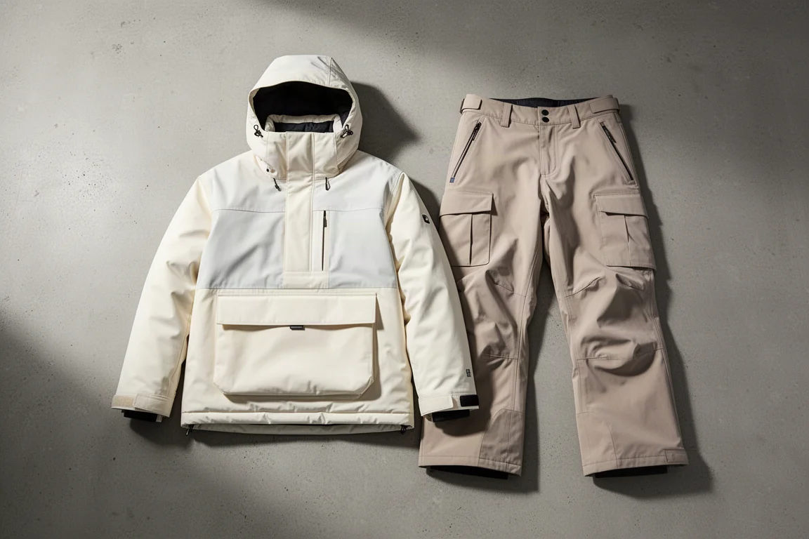 Anorak isolado e calça cargo shell da Oakley dispostos sobre uma superfície de concreto