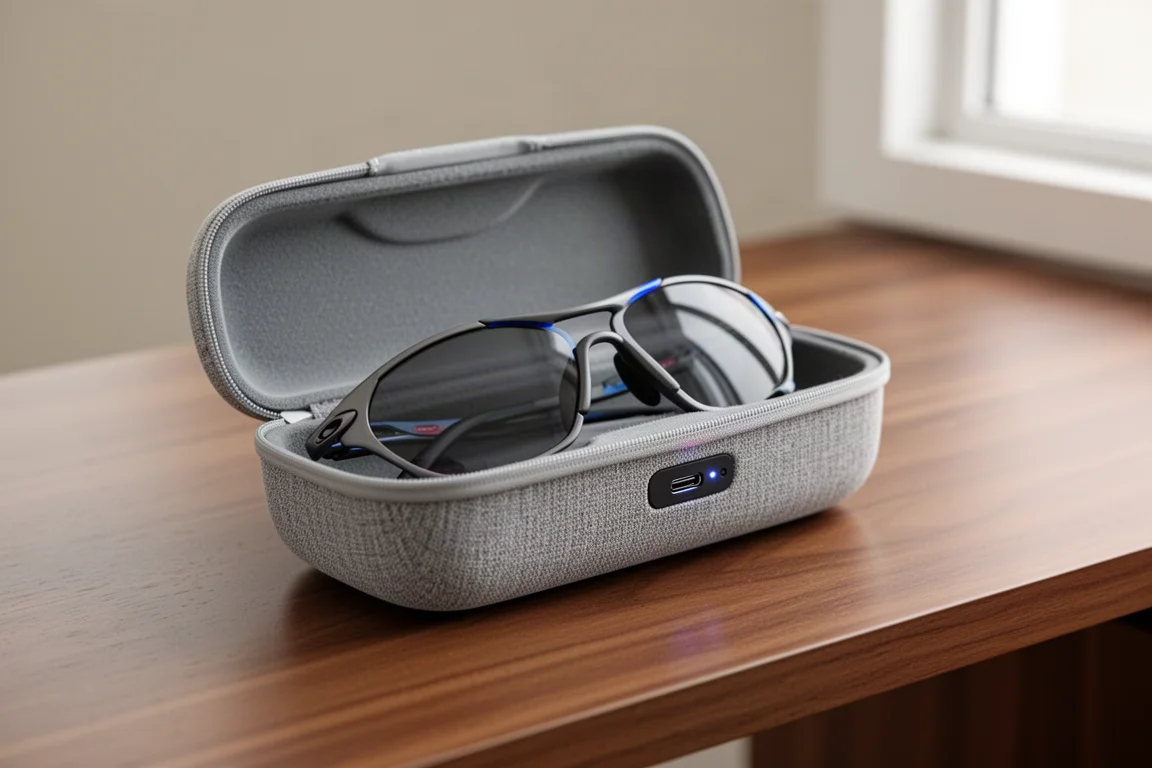 Etui till smarta glasögon öppet med glasögonen inne och en USB-C-port synlig