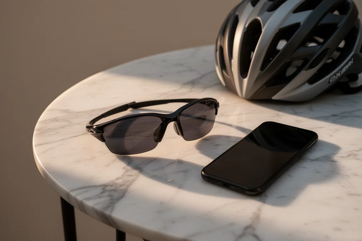 Smarta glasögon på ett bord efter ett träningspass med mobiltelefon i närheten