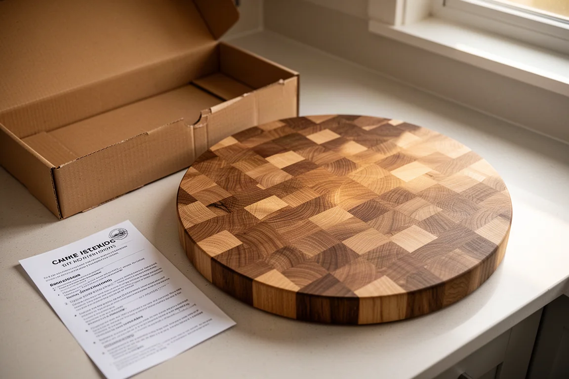 Ausgepacktes End Grain Eichen-Schneidebrett mit Anleitung auf einer Küchenarbeitsplatte