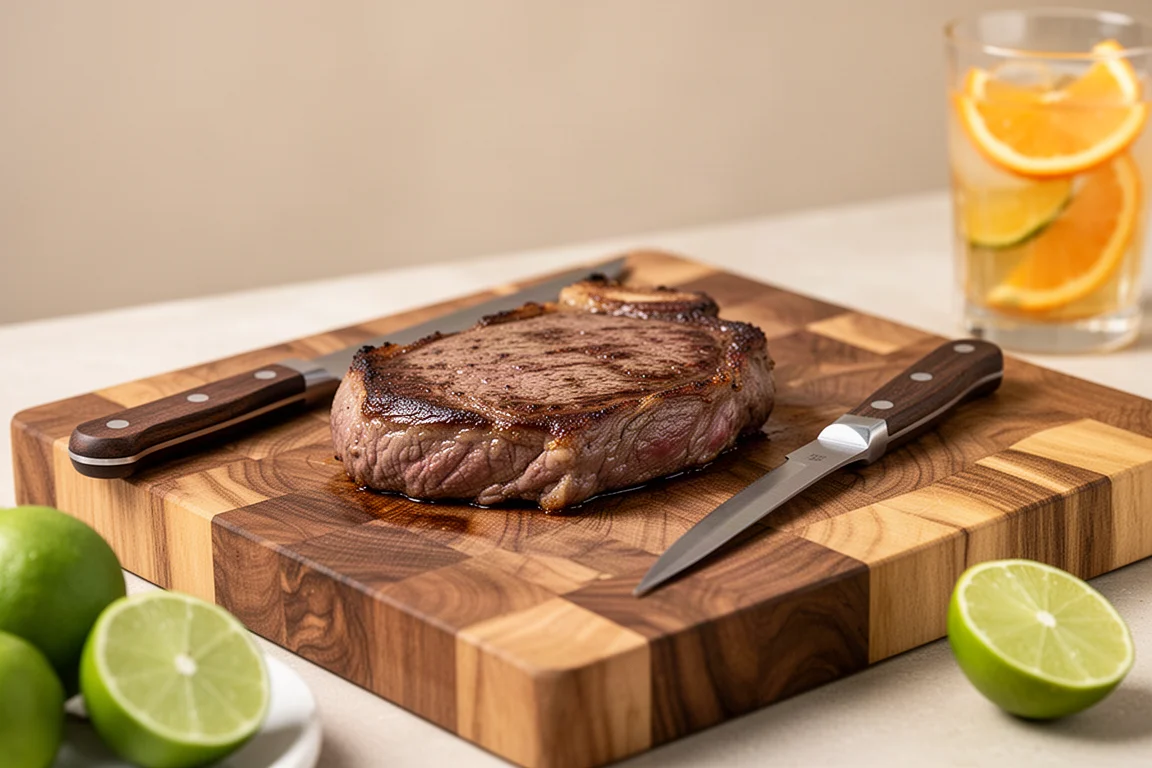 Steak auf einem End Grain Eichenbrett neben einem Tranchiermesser