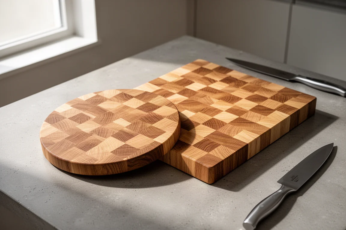 Round and rectangular end grain oak cutting boards on a concrete counter