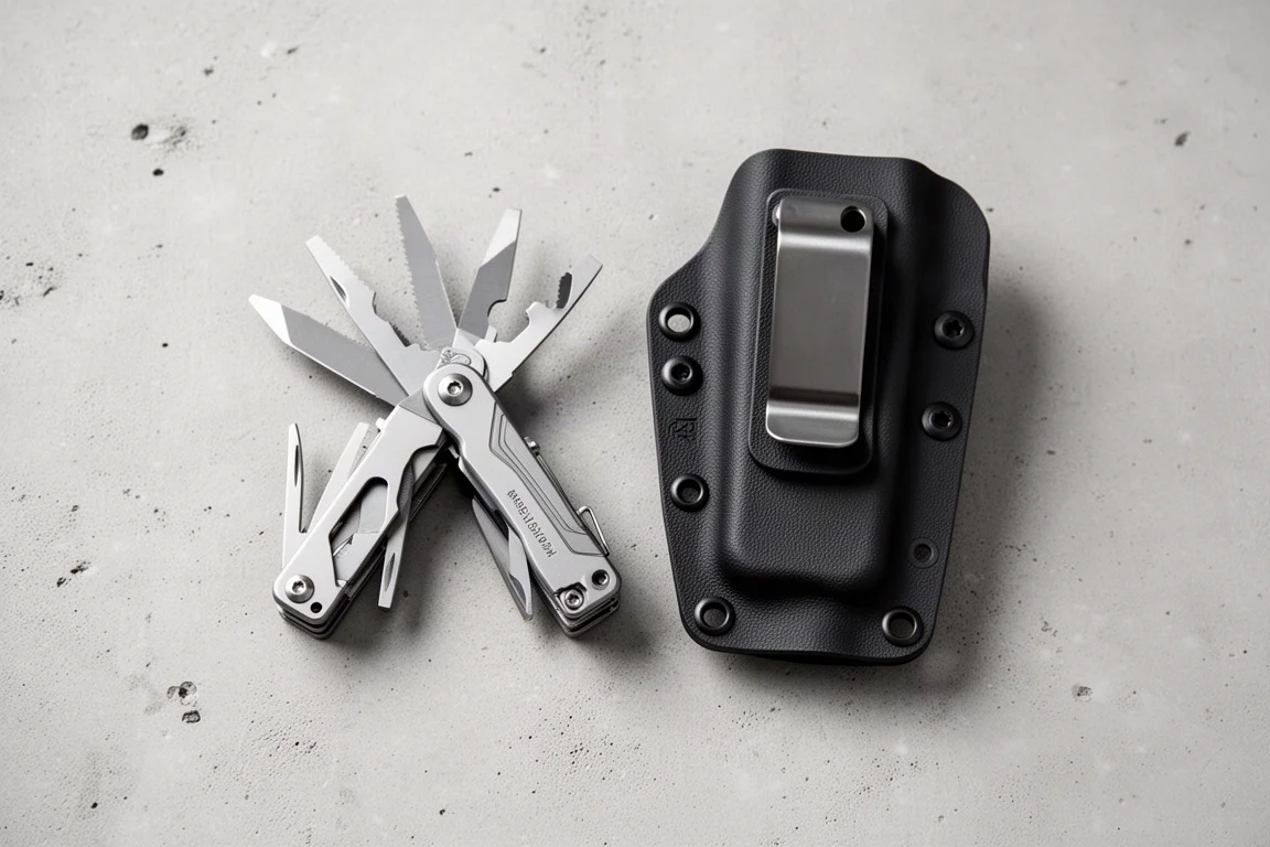 Compacte stalen multitool met Kydex-holster en riemclip