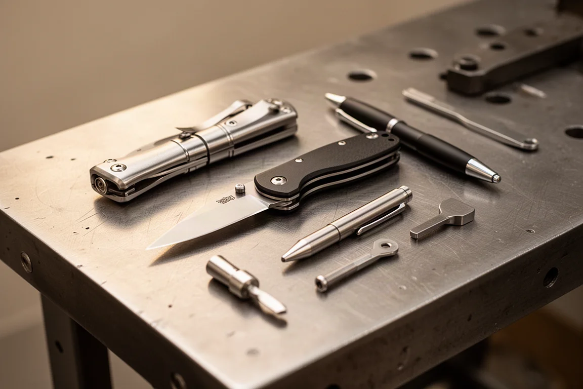 EDC-uitrusting uitgestald op een werkbank tijdens een uitverkoopsessie