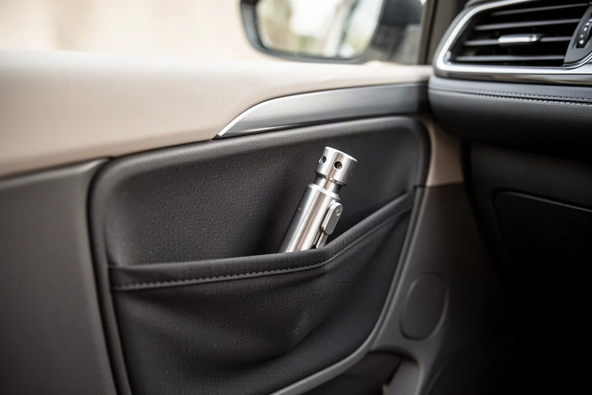 Interieur van een auto met een noodgereedschap gemonteerd bij de middenconsole