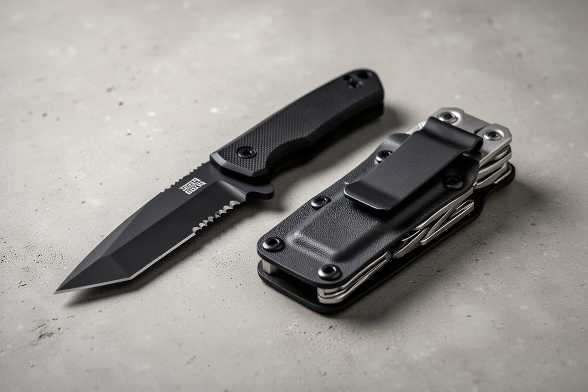 Obai Sentry L2 knife and OT Tackle S1 multi-tool side by side on concrete