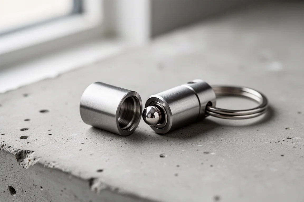 Small titanium quick release keychain capsule connected to two key rings