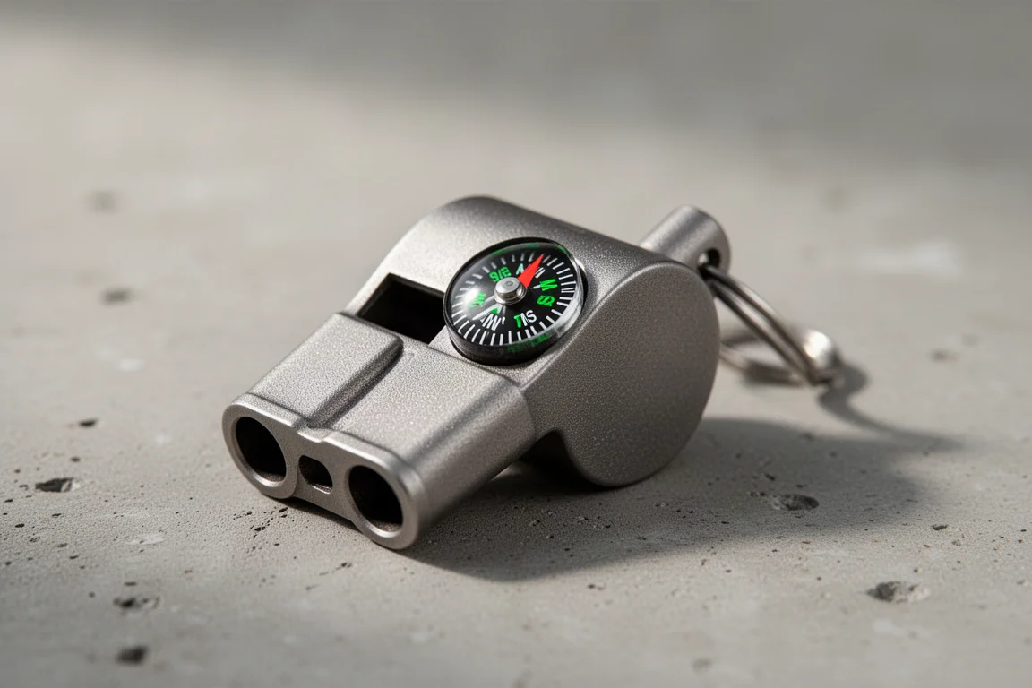 Titanium dual tube whistle with a small compass on the face