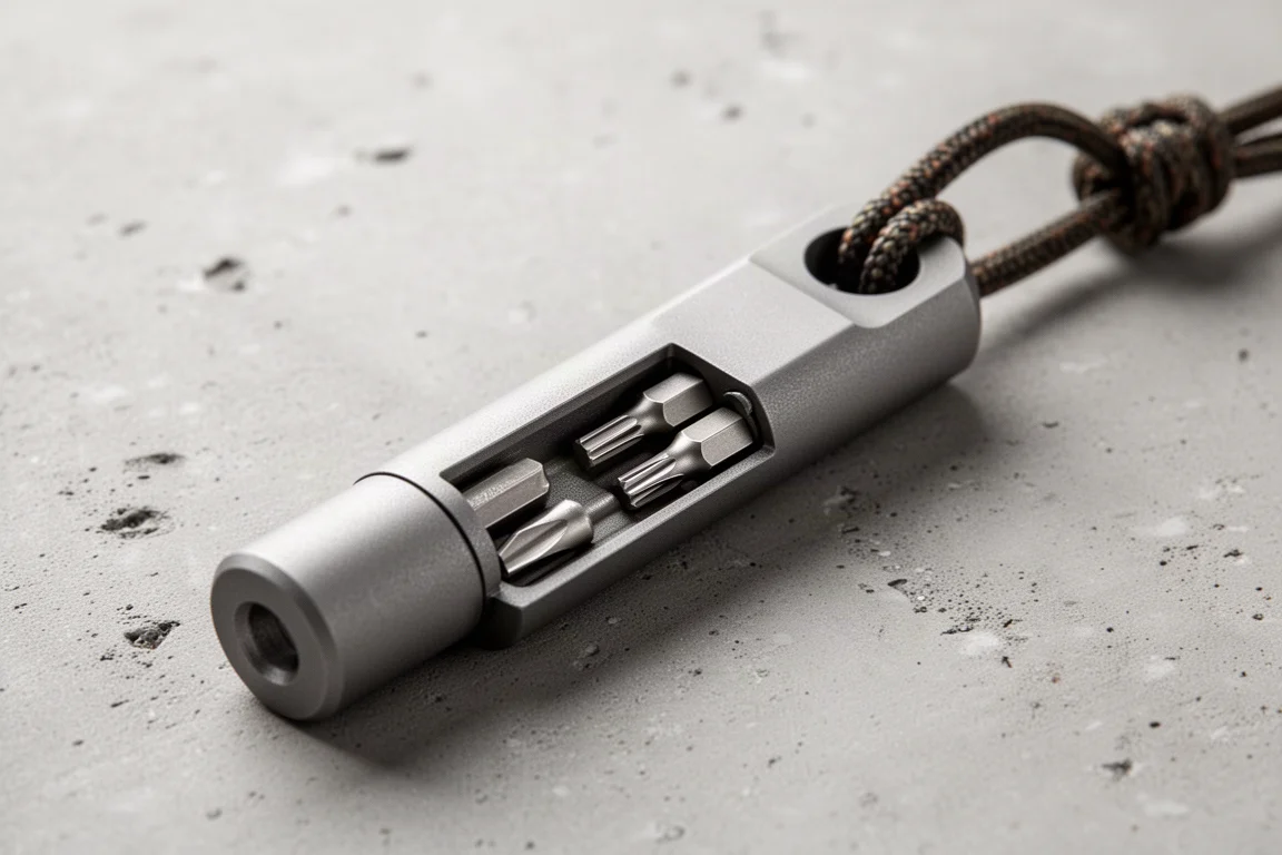 Sliding storage compartment on a titanium screwdriver holding small hex bits